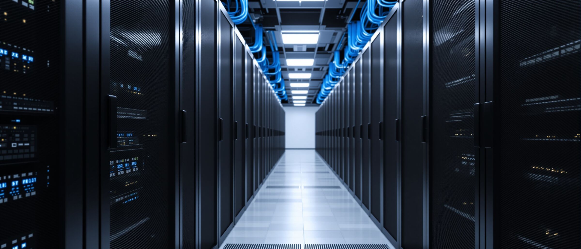 A data center aisle of racked equipment, the physical layer we design