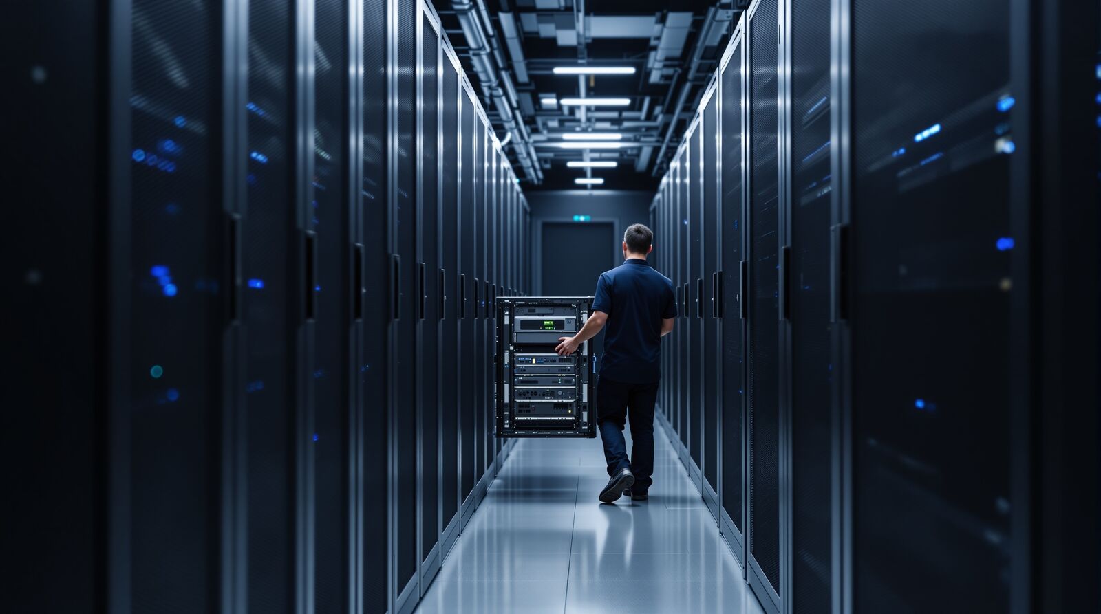 Technician moving equipment into position in a data center aisle