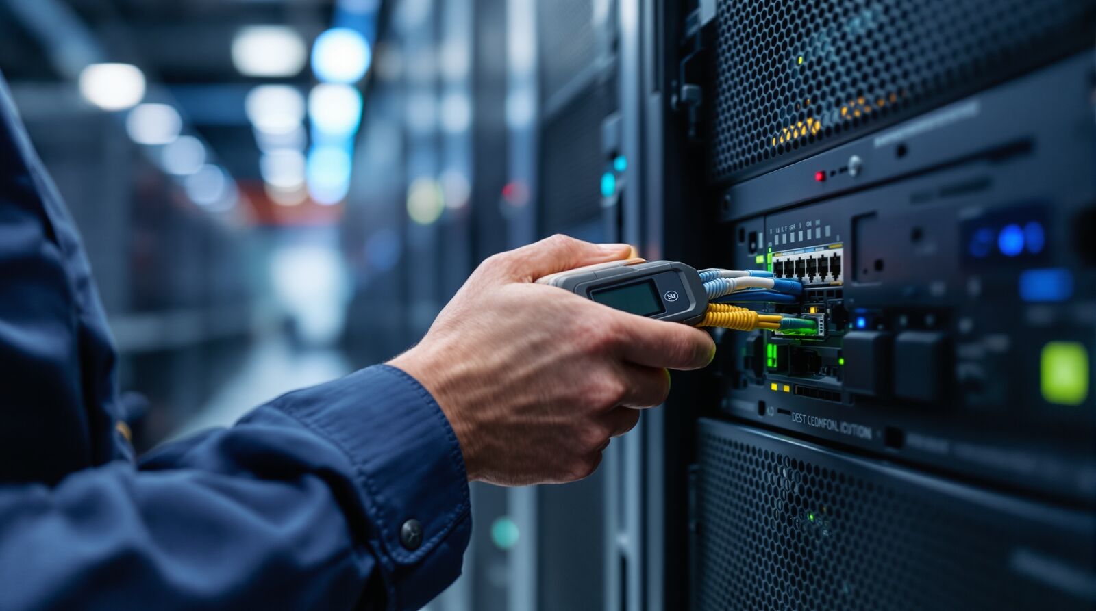 Field technician testing a link at an enterprise switch